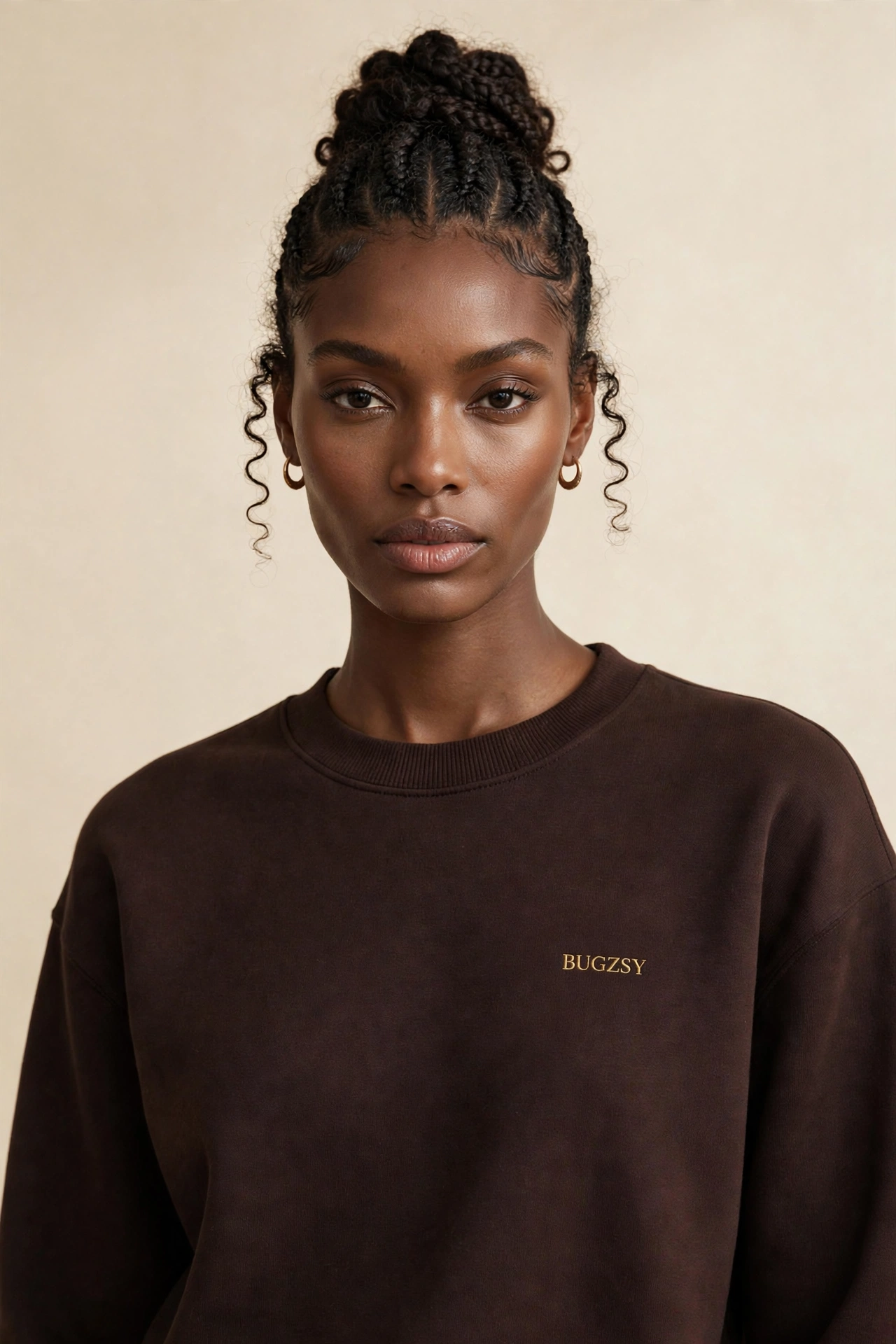 Tall Black model wearing the espresso Bugzsy Christmas crewneck